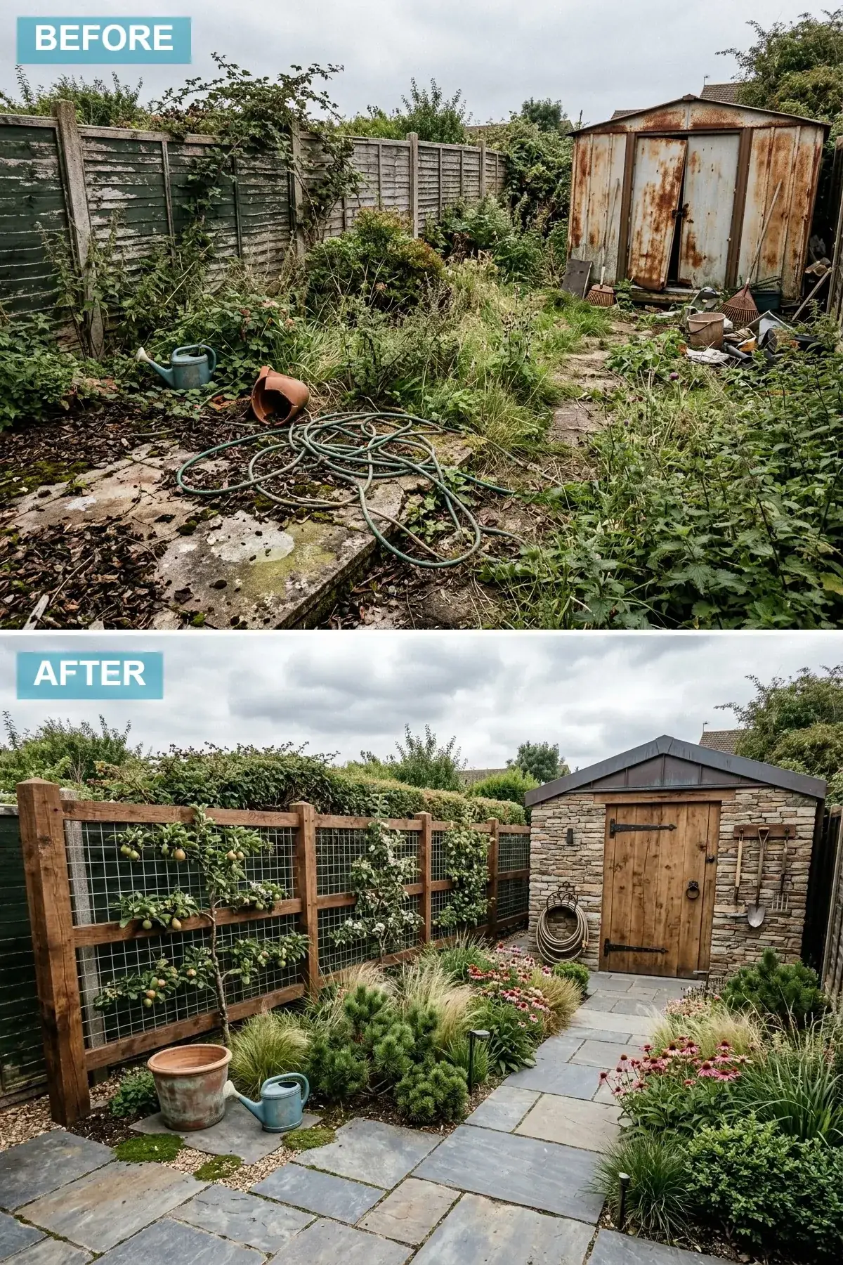 Rustic farmhouse productive backyard with chunky cedar post and wire mesh fencing supporting espaliered apple and pear trees, a natural fieldstone-clad accessory shed with a heavy rustic salvaged-wood door, dark slate flagstone paving, and loose naturalistic planting including ornamental grasses and Echinacea