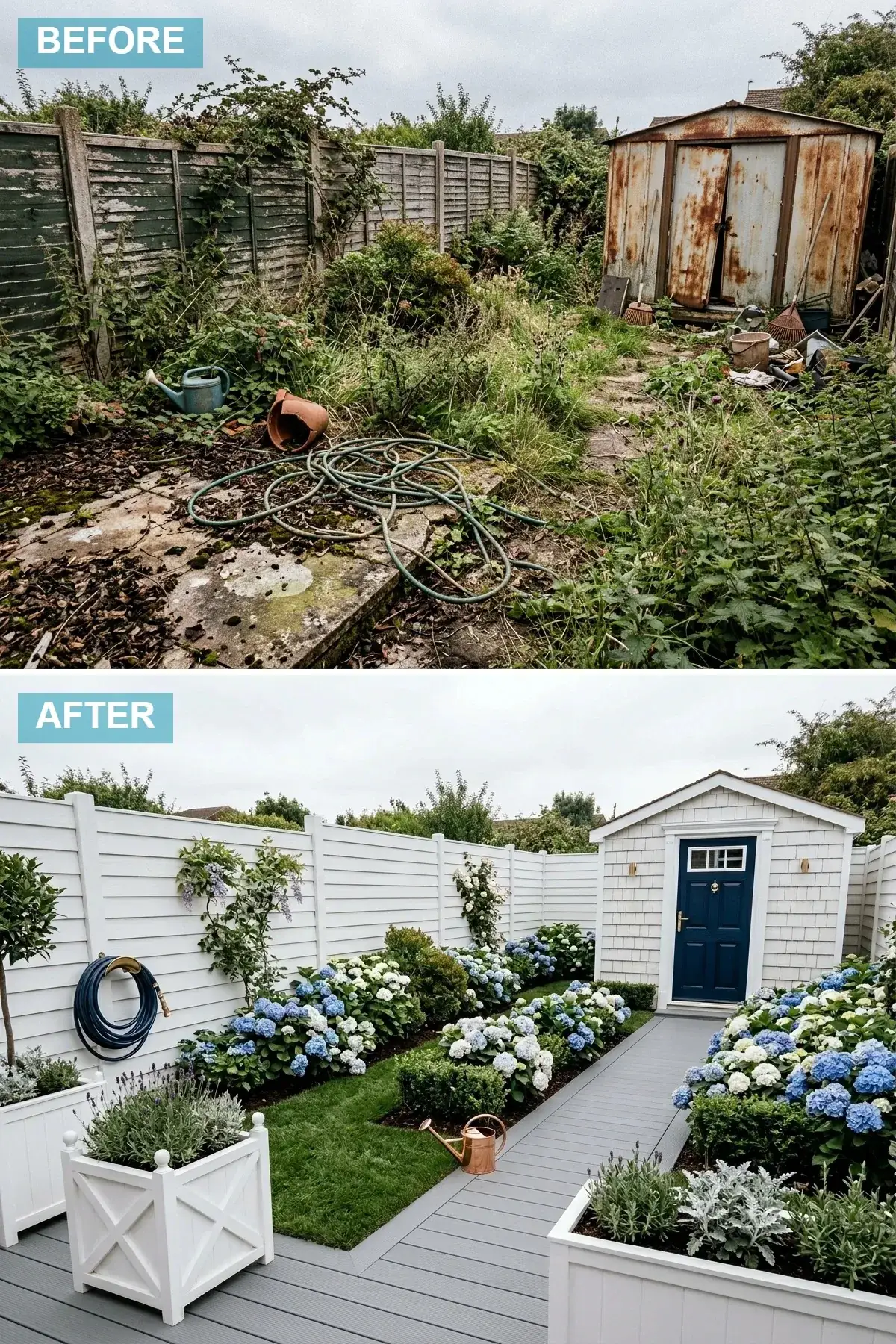 Coastal Hamptons-style backyard with crisp white horizontal siding perimeter fencing, a white cedar-shake clad accessory shed with a navy blue door, a path of light grey composite decking, manicured lawn panels, white planters holding hydrangeas and English lavender, and brass hardware accents on the shed and exterior lighting