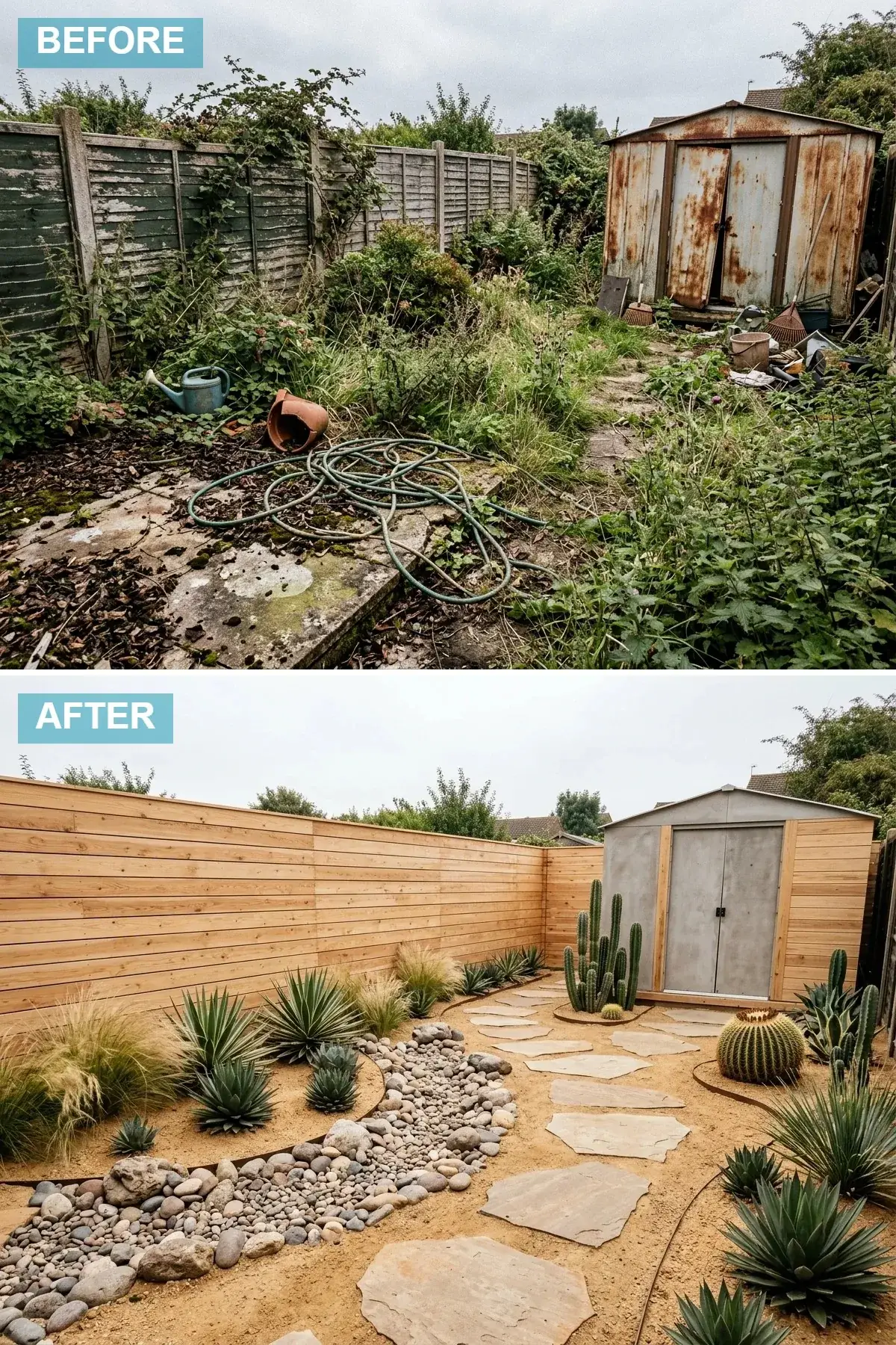 Architectural desert xeriscape backyard with sleek horizontal light cedar fencing, a minimalist concrete-clad shed with matte black metal doors, decomposed granite and warm sand ground cover, a dry riverbed of varied river stones winding through the space, large sandstone flagstone steppers, and architectural cacti agave and golden barrel plants
