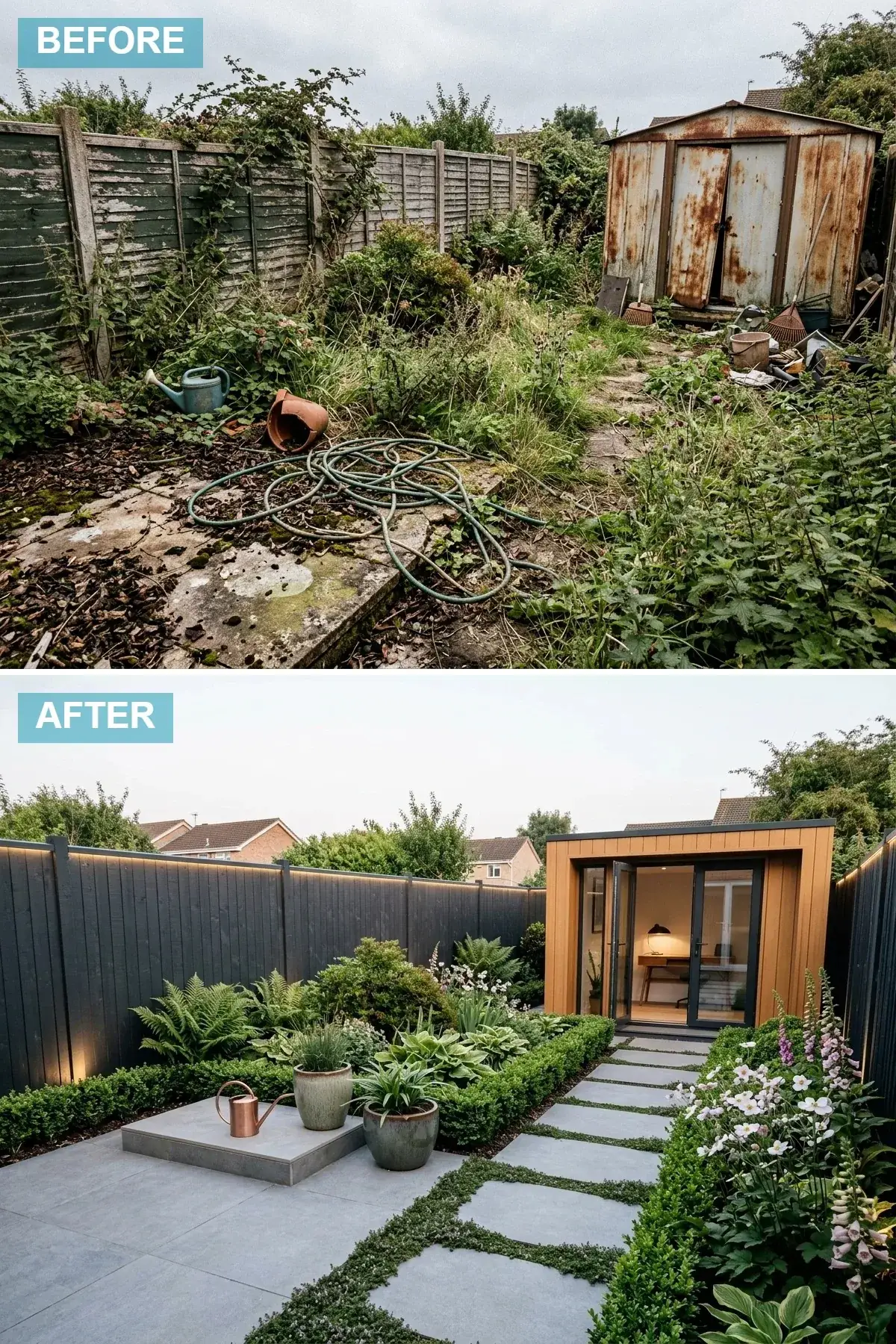 Luxury contemporary backyard with deep charcoal painted perimeter fencing, a timber-clad garden studio with full-height glass french doors and warm interior lighting, large-format grey porcelain paving across the ground plane, integrated LED strip lighting along the fence cap, and dense soft-leaved greenery framing the seating area