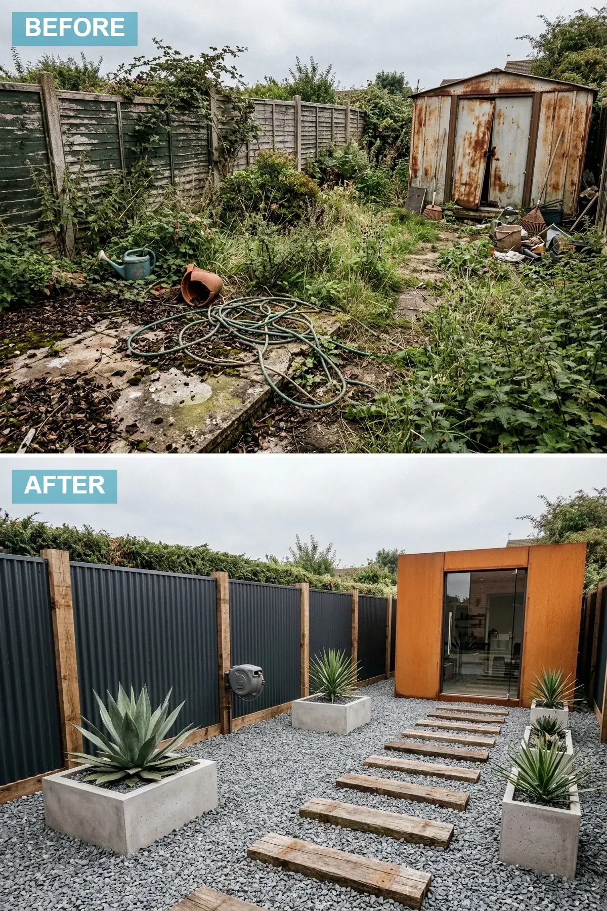 Industrial zen backyard with sculptural Corten weathering steel privacy screen, dark corrugated metal and chunky timber post composite fencing, a floating timber sleeper path crossing a field of sharp grey gravel, raw concrete planters housing architectural agave plants, and a low evening lighting plan