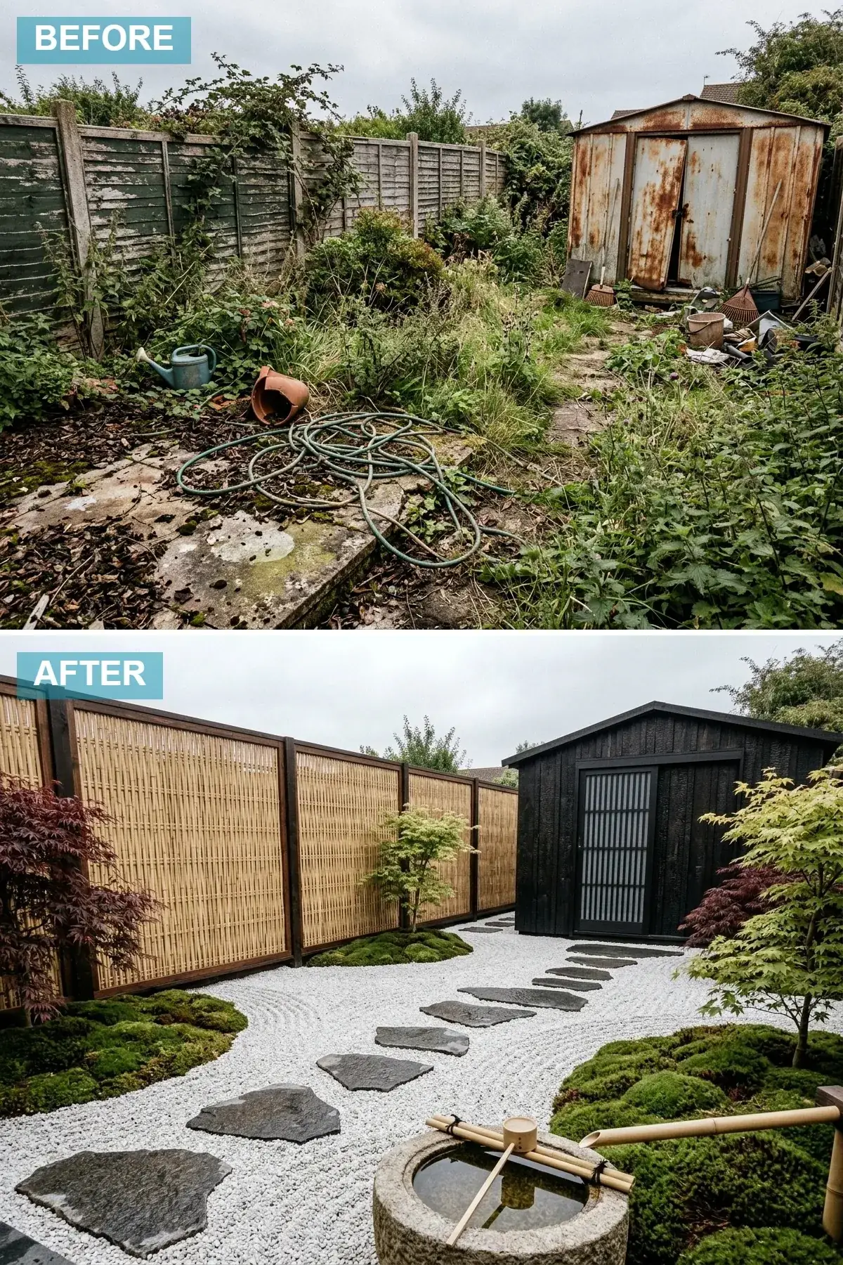 Authentic Japanese karesansui dry garden with bamboo screening framed in dark stained cedar, a Shou-Sugi-Ban charred timber shed with a translucent Shoji sliding door, raked white gravel ground cover representing flowing water, irregular dark granite stepping stones, islands of cushion moss and Japanese maple, and a bamboo shishi-odoshi water feature