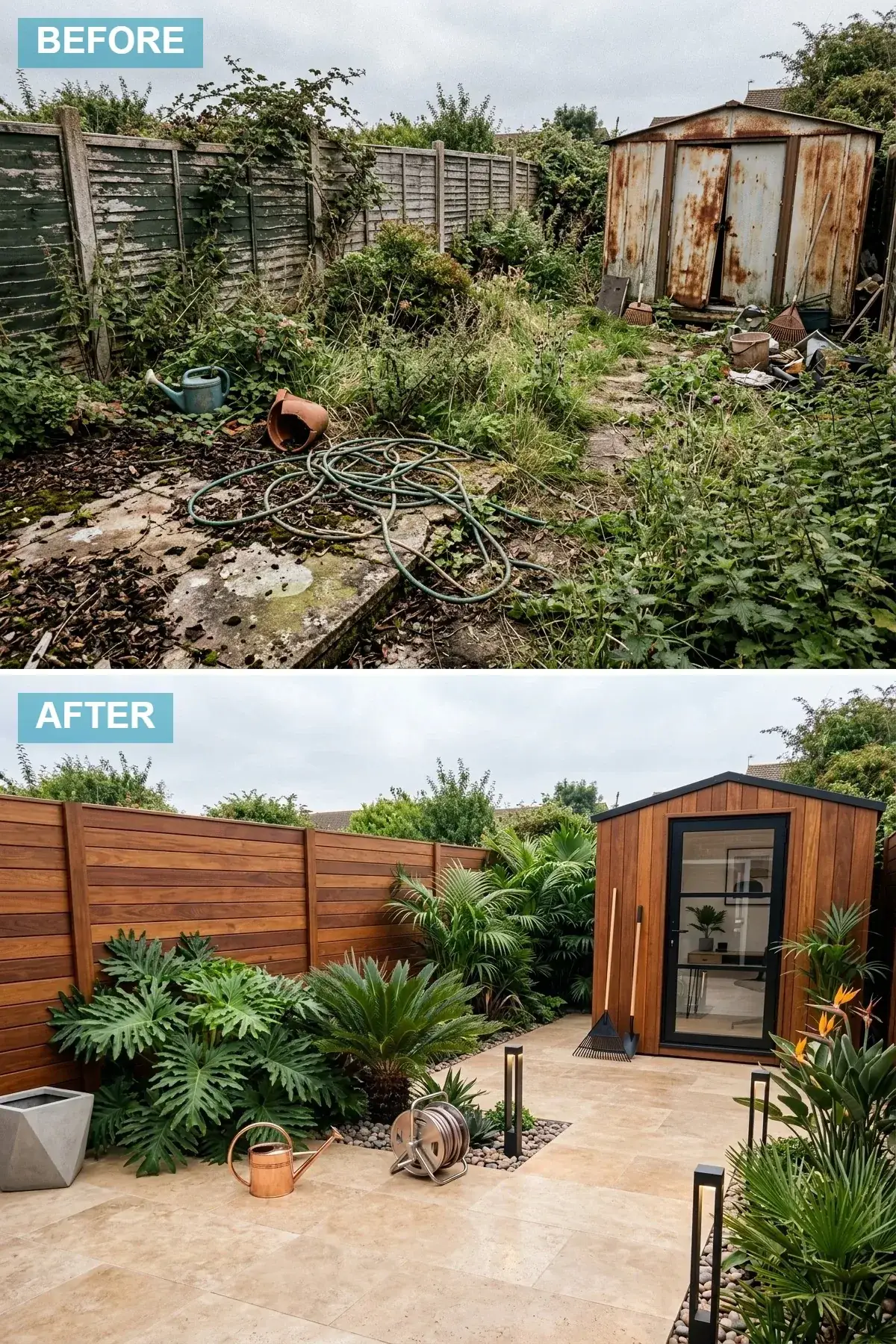 Tropical modern backyard reset with rich-toned horizontal teak-stained cedar fencing, matching shed with modern glass door, large-format travertine-look porcelain paving, dense exotic planting including hardy windmill palm and tree fern, sleek matte black bollard lighting along the path, and a sculptural geometric concrete planter