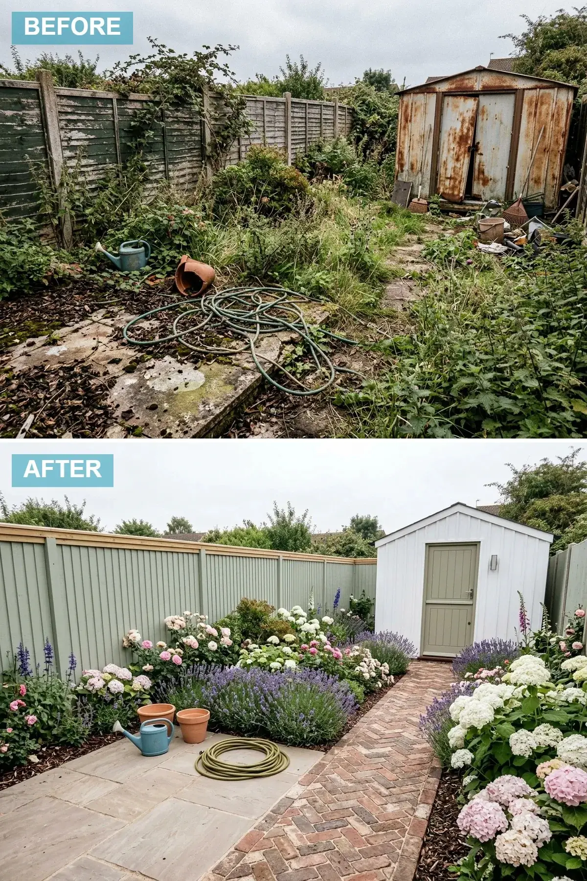 Romantic English cottage garden with soft sage green painted timber fencing, a quaint crisp white timber shed with a stable Dutch door, abundant cottage planting including David Austin roses hydrangeas and English lavender, a rustic herringbone reclaimed clay brick path, and traditional terracotta pots flanking the entrance