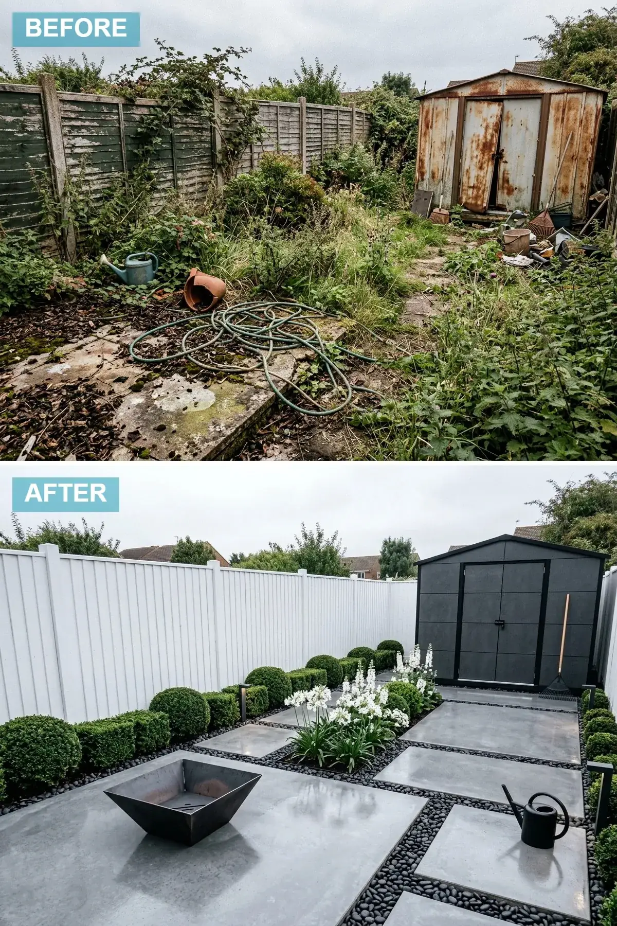 Strict monochrome architectural backyard with crisp white vertical panel fencing, dark slate grey panelled accessory shed, a precise grid of large polished concrete pavers set into beds of black pebble ground cover, clipped boxwood spheres in geometric placement, and a sculptural Corten steel cube fire feature
