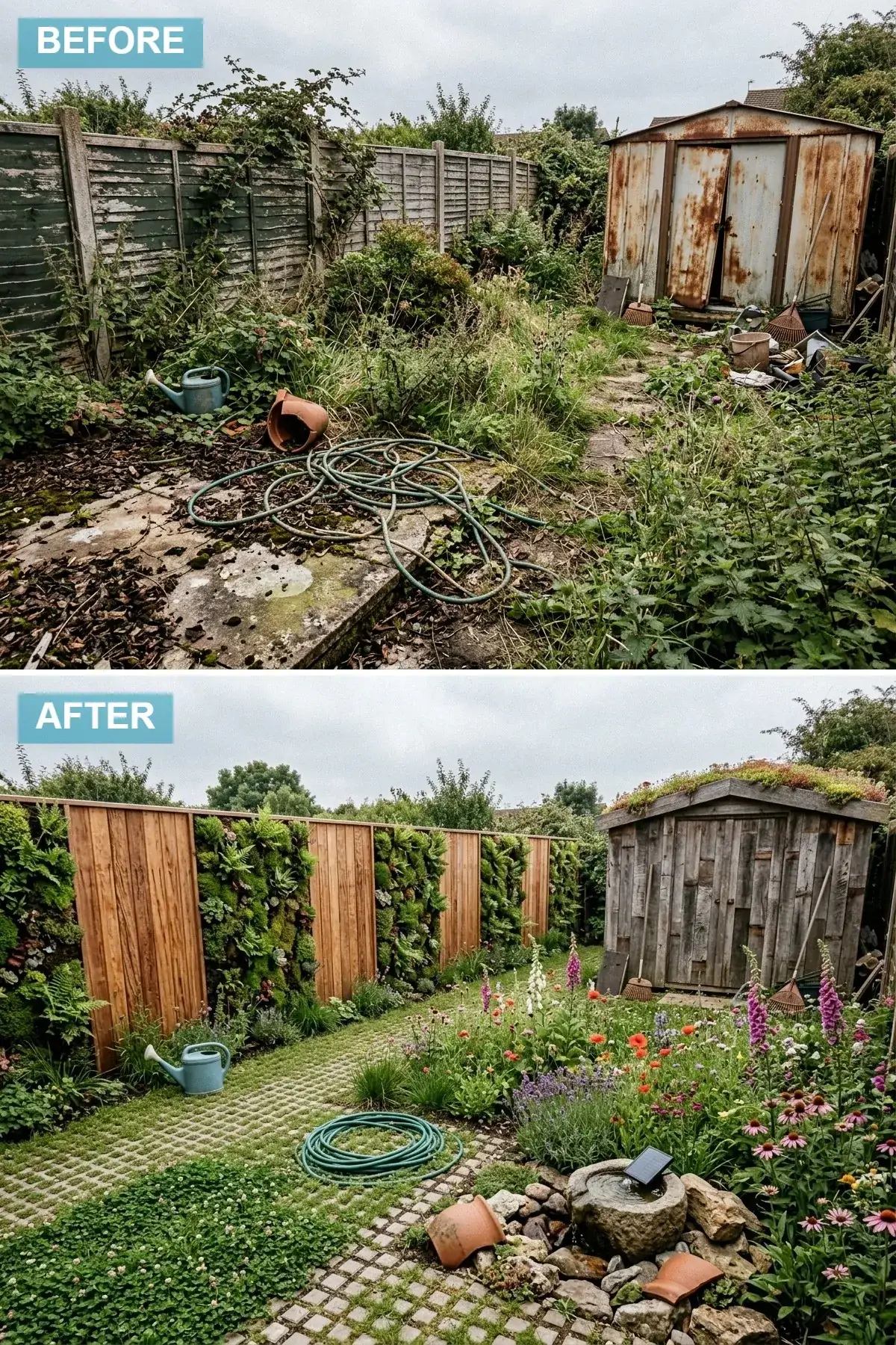 Sustainable wildlife backyard with rustic reclaimed timber fence incorporating vertical living wall pockets of ferns and succulents, a reclaimed-timber shed topped with a sedum green roof, permeable grass-block paving, a small wildlife pond with a stone water feature, and dense wildflower planting