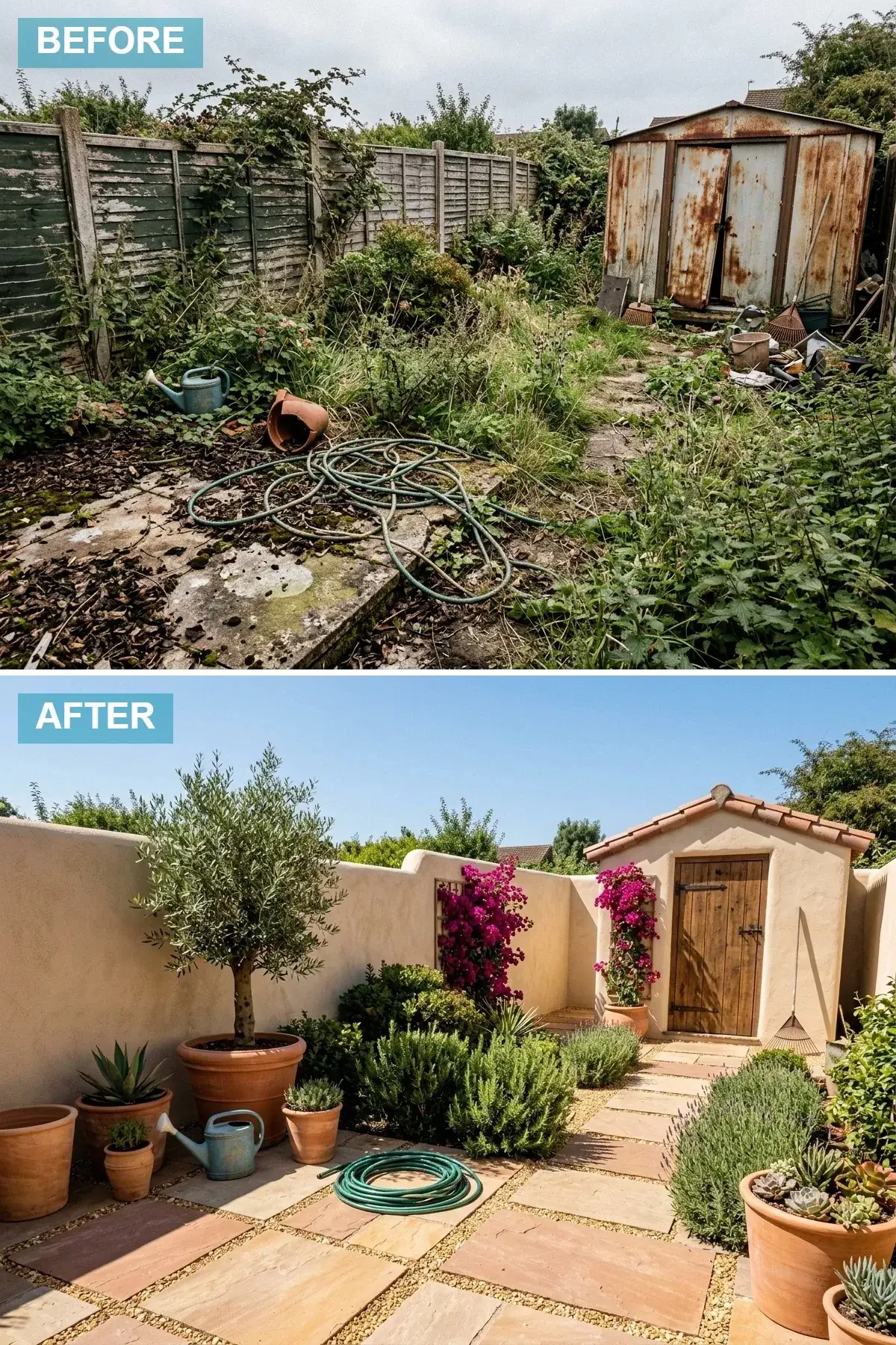 Mediterranean courtyard backyard with smooth lime-rendered masonry perimeter walls in warm cream, a stucco accessory structure with terracotta tile roof and rustic wood door, warm sandstone paving segmented by gravel joints, large terracotta pots holding hardy olive trees lavender and Mediterranean cypress, and dense Mediterranean planting
