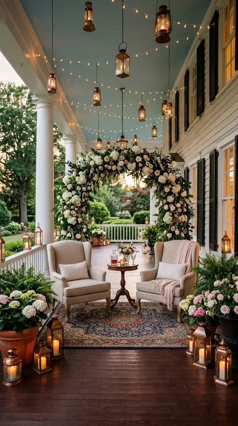 Classic compact PNW craftsman porch with painted blue ceiling, floral garland arch, two upholstered wingback chairs, patterned outdoor rug, and hanging lanterns in Tacoma Stadium District home