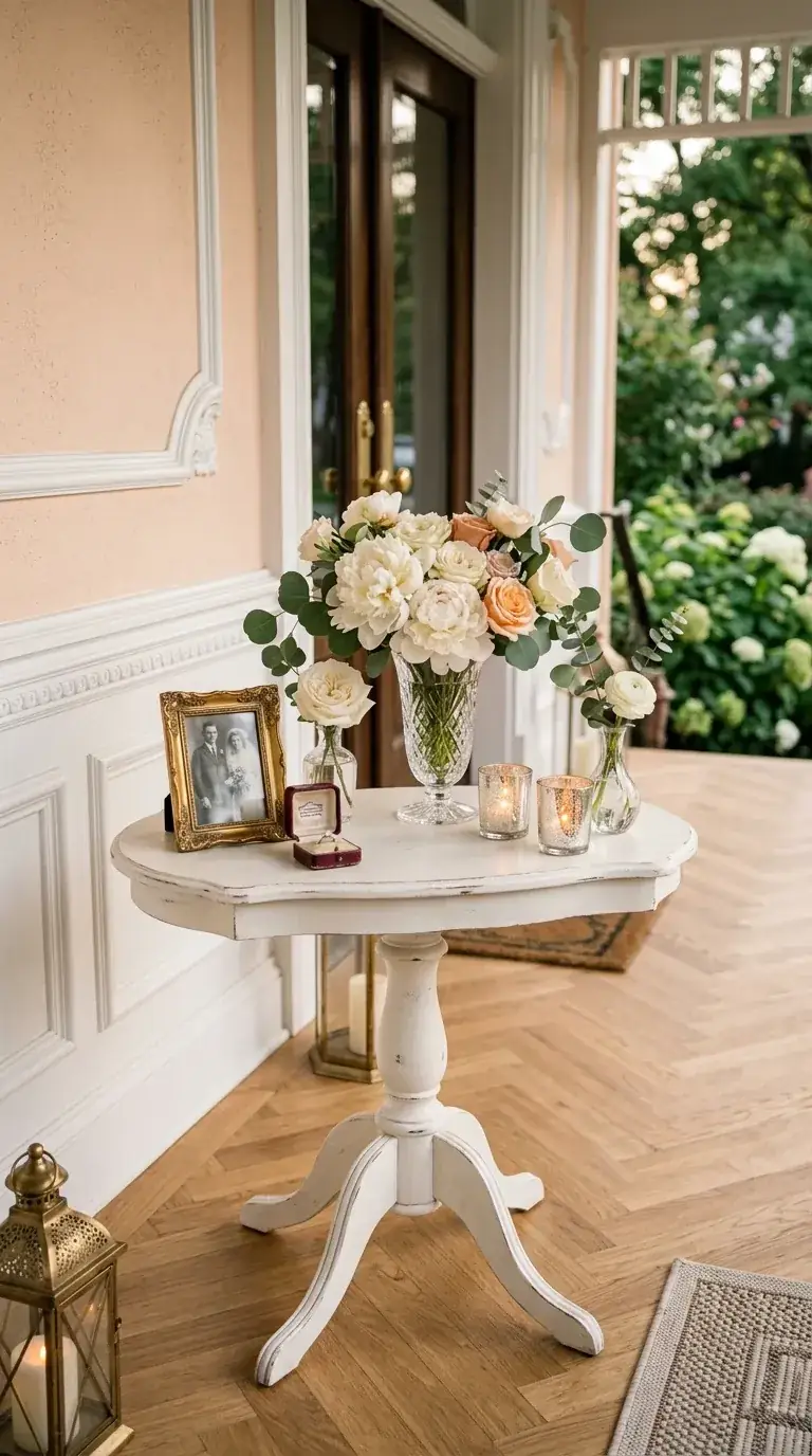 Refined compact foyer with peach walls, white wainscoting, herringbone wood floor, distressed white pedestal table holding crystal vase with florals, mercury glass votives, and brass floor lantern