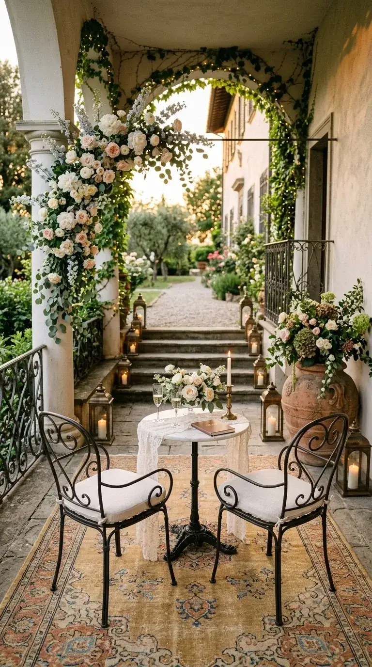Stone-faced compact terrace with wrought iron bistro set, asymmetrical floral garland on existing arch, large terracotta urn, and aged lanterns in Bend cottage entry