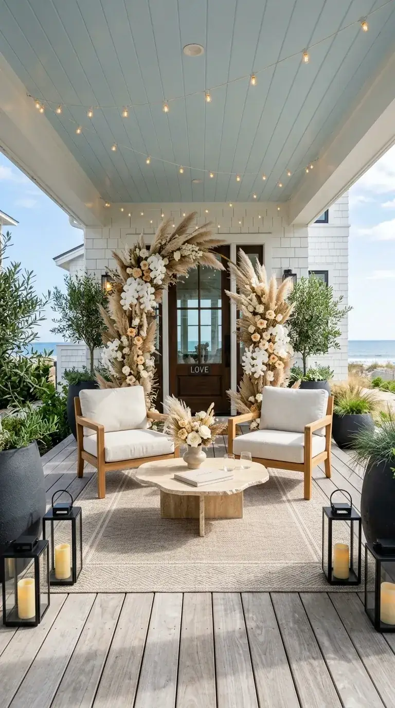 Modern PNW coastal porch with pampas grass and dried palm arch, light teak armchairs, stone slab coffee table, matte black lanterns, and olive trees in oversized planters