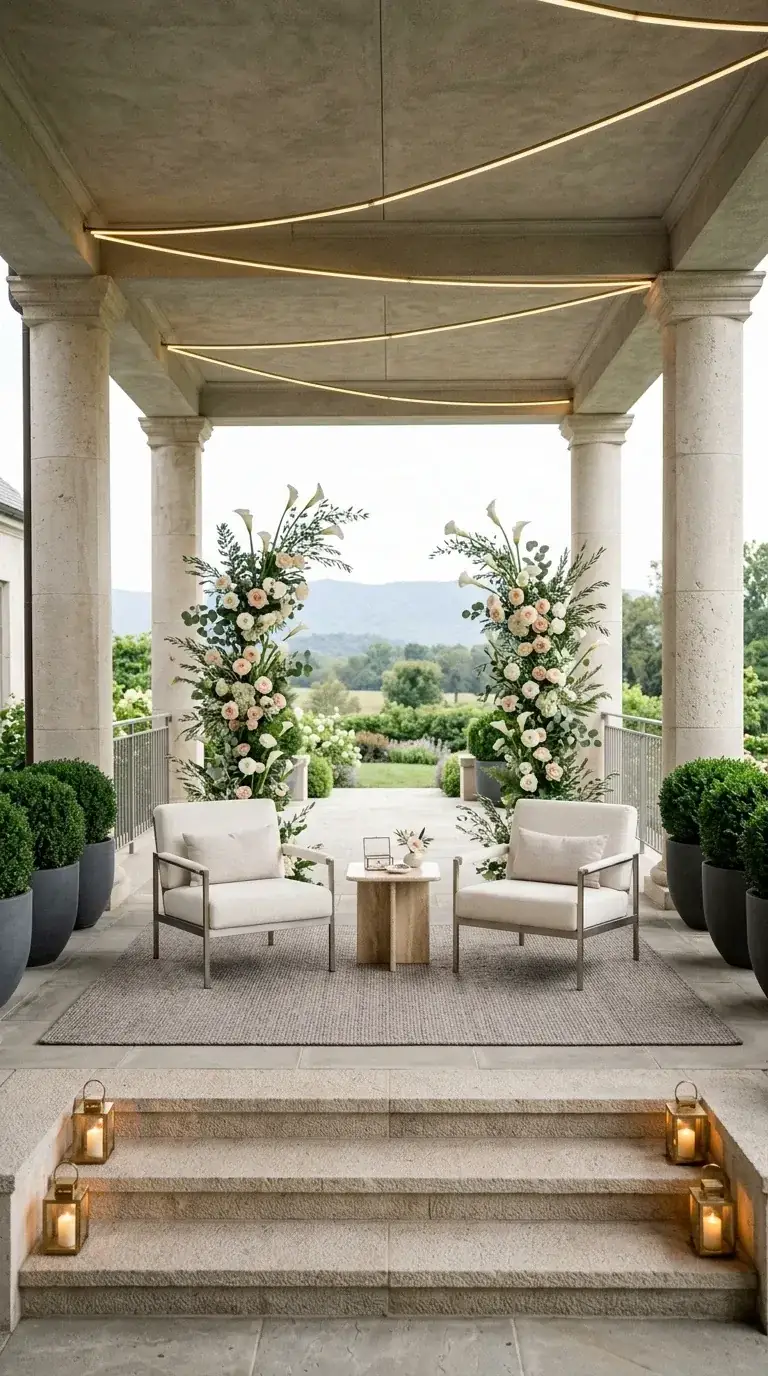 Minimalist stone portico entry with tall vertical floral pillars of calla lilies and roses, modern metal-framed chairs, stone side table, grey rug, modern lanterns, and architectural ceiling lighting