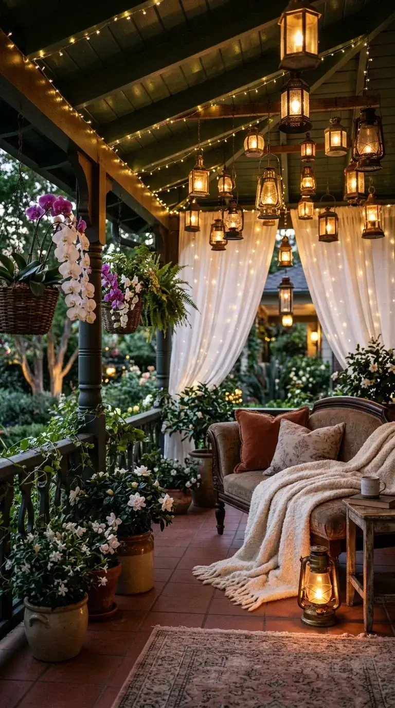 Cozy cottagecore porch with dark wood beams, sheer curtains with fairy lights, vintage rust velvet settee, hanging orchids and ferns, layered rugs, and rustic lanterns in Bend Westside cottage