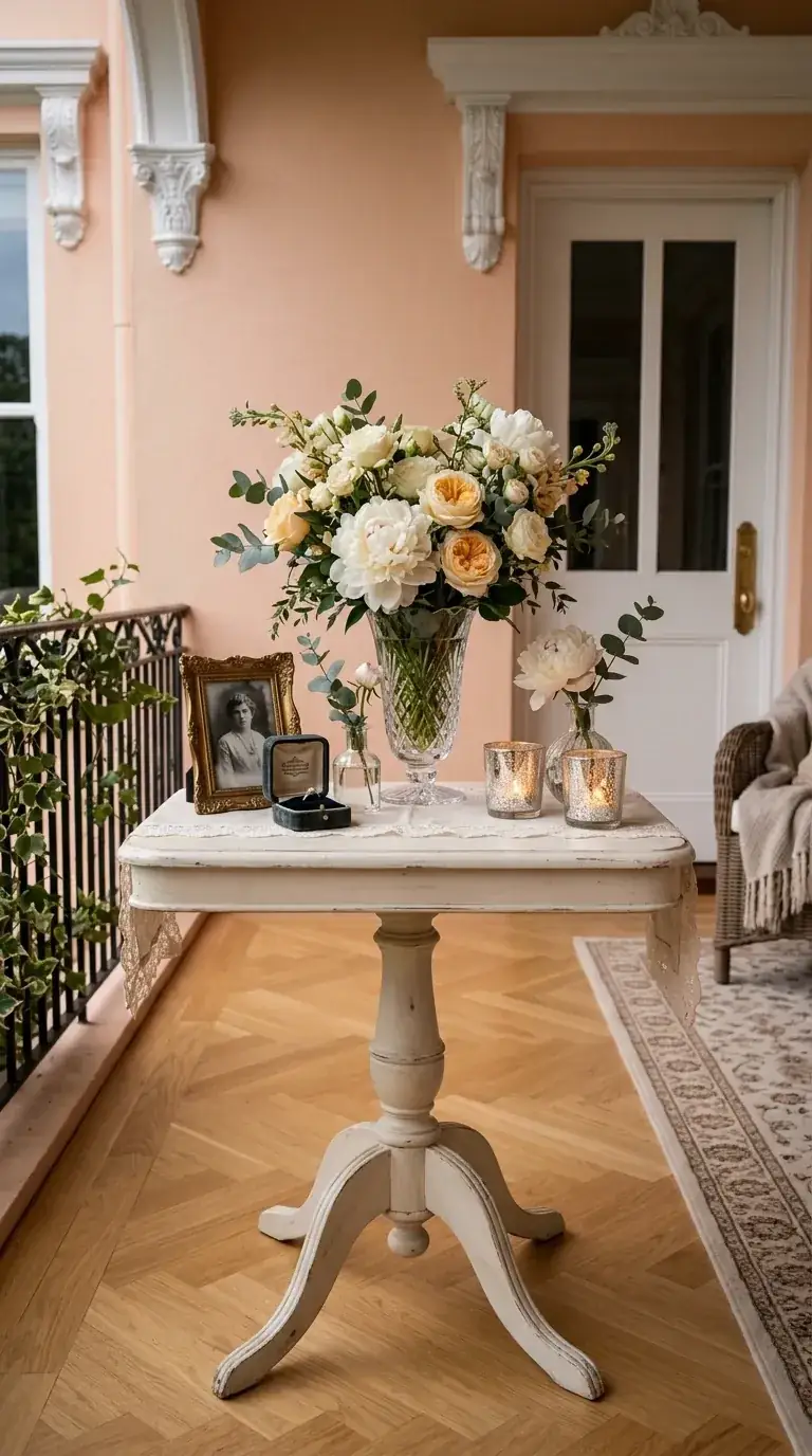 Compact interior foyer with peach walls, ornate white wainscoting, distressed pedestal table holding crystal vase with floral arrangement, mercury glass votives, and vintage photo frame