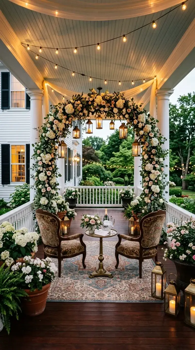 White clapboard PNW porch transformed with dense floral and greenery arch, sheer fabric draping, two upholstered vintage chairs, brass pedestal table, and abundant potted hydrangeas and ferns