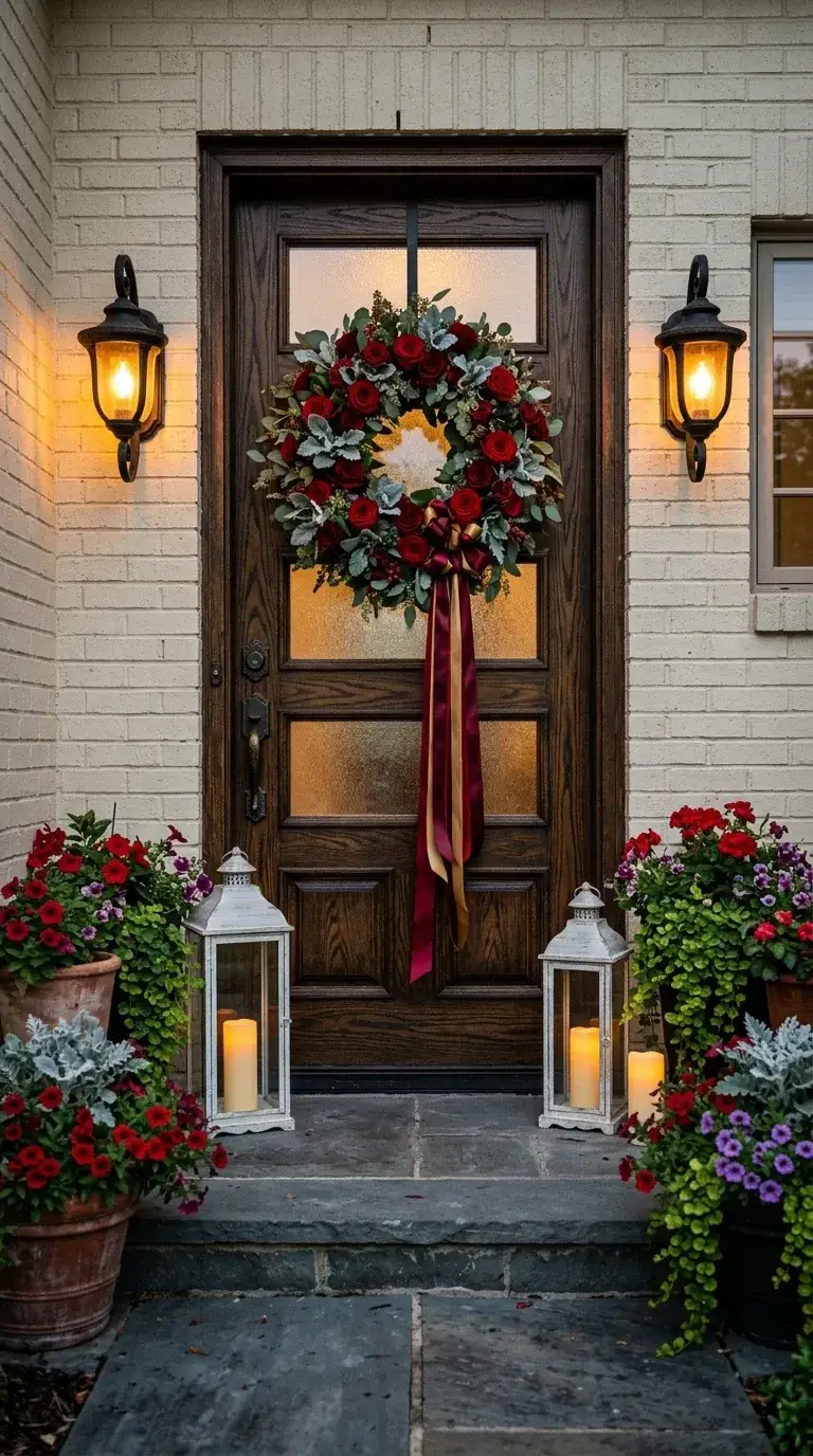 White brick entryway with dark wood door, oversized burgundy floral wreath with long ribbon, two large white floor lanterns, and overflowing pots of red and purple flowers