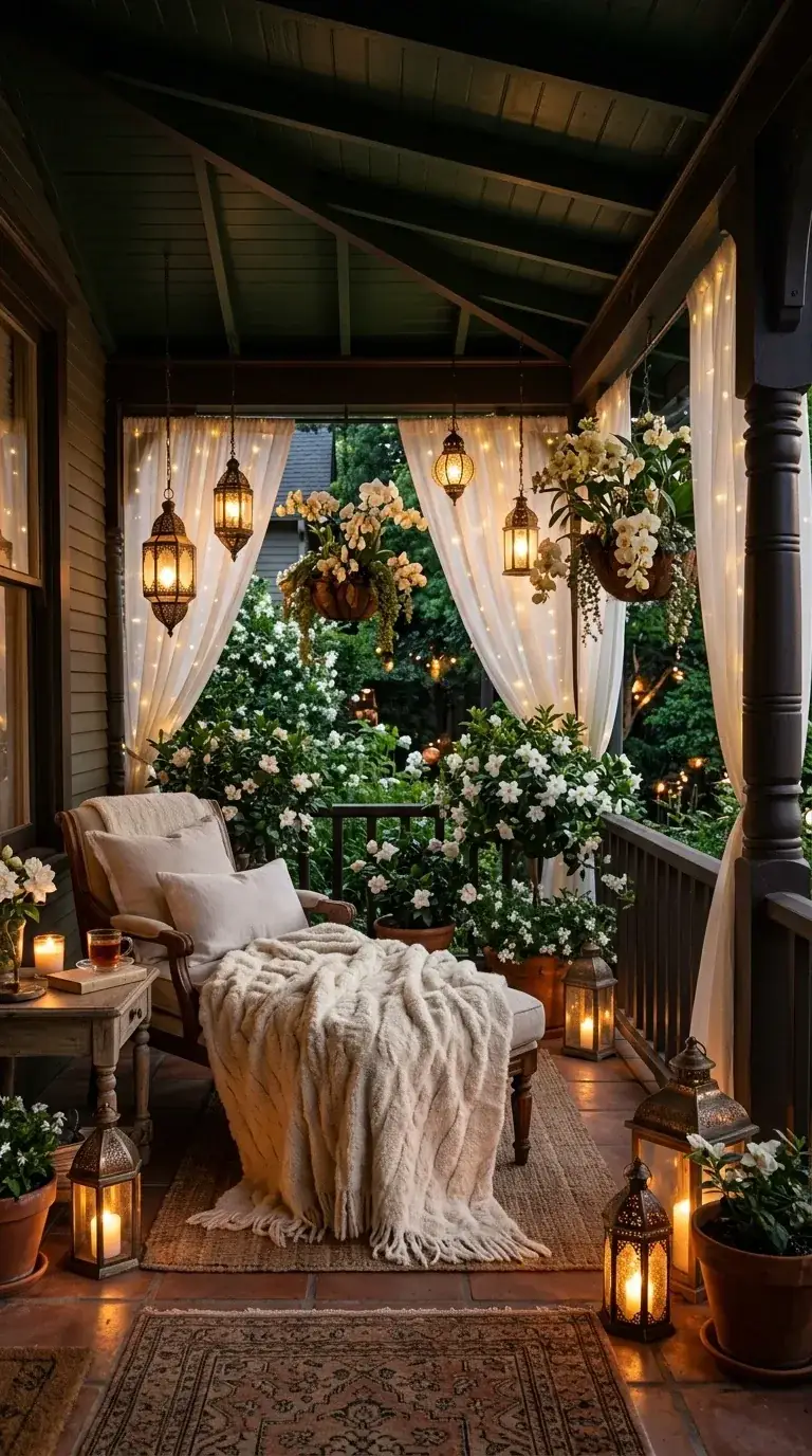 Dark wood porch designed for evening ambiance with sheer curtains and fairy lights, exotic Moroccan-style hanging lanterns, chaise lounge, fragrant gardenia plants, and warm floor lanterns