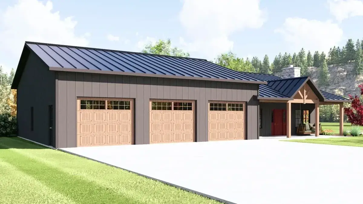 Plan 135423GRA front exterior — modern farmhouse barndominium with white board-and-batten siding, dark standing seam metal roof, three carriage-house garage doors and a timber-framed entry porch