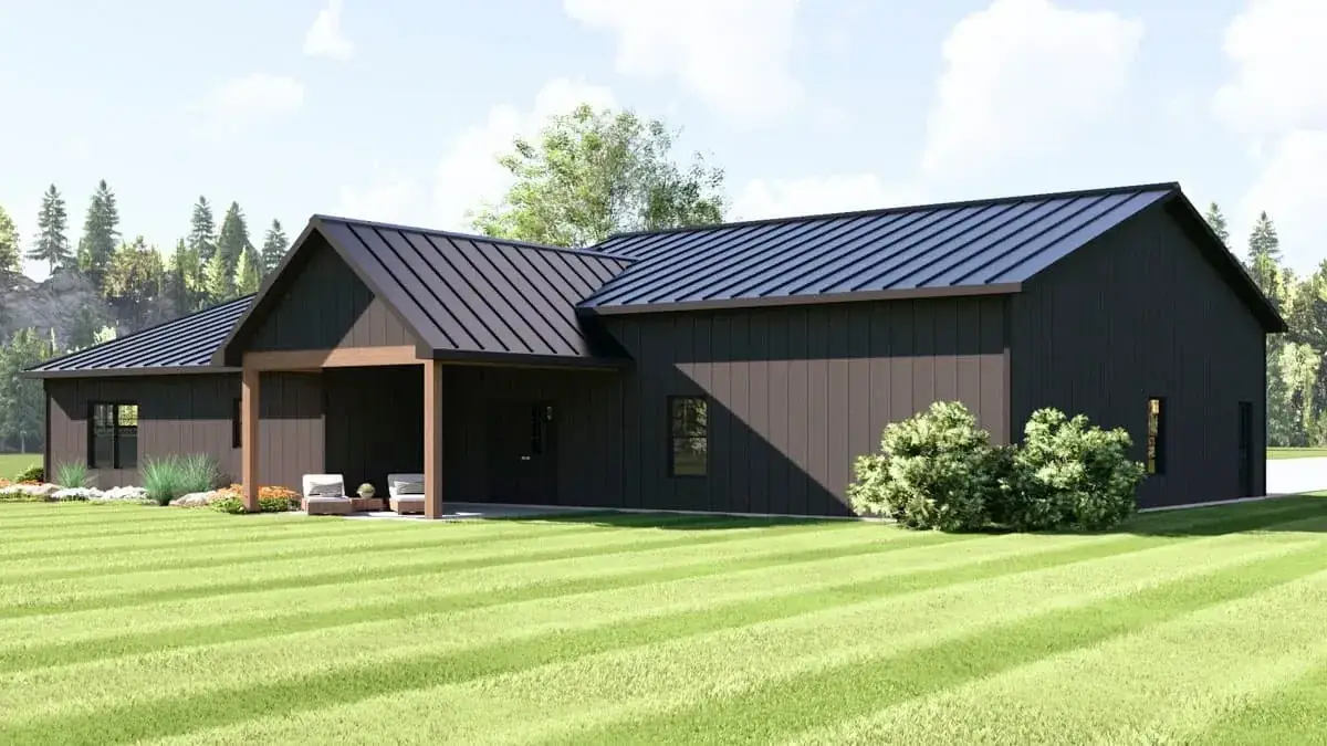 Plan 135423GRA front porch detail — timber gable, board-and-batten siding, stone chimney and craftsman columns