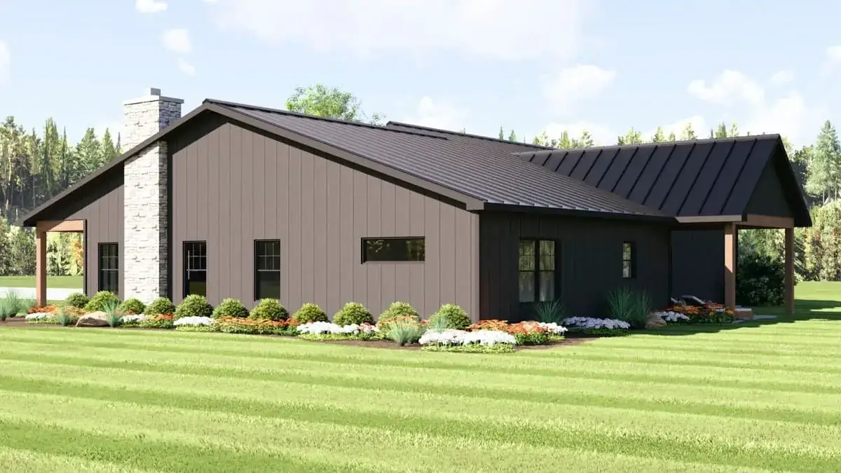Plan 135423GRA side and rear elevation — long horizontal facade with rear covered patio, cathedral-ceiling porch and stone chimney veneer