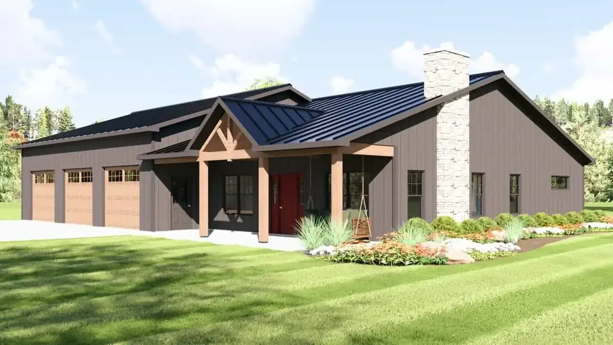 Plan 135423GRA rear elevation — covered patio with cathedral ceiling, board-and-batten siding above stone wainscot, and rear-facing window wall