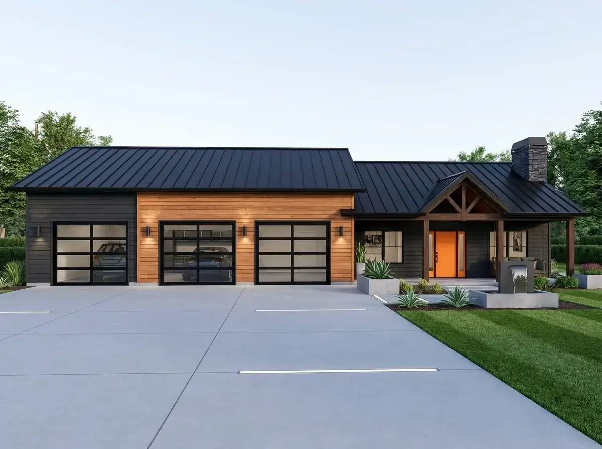 Plan 135423GRA facade variation 1 — modern warm wood barndominium with dark charcoal board-and-batten siding, warm wood garage accent and orange front door