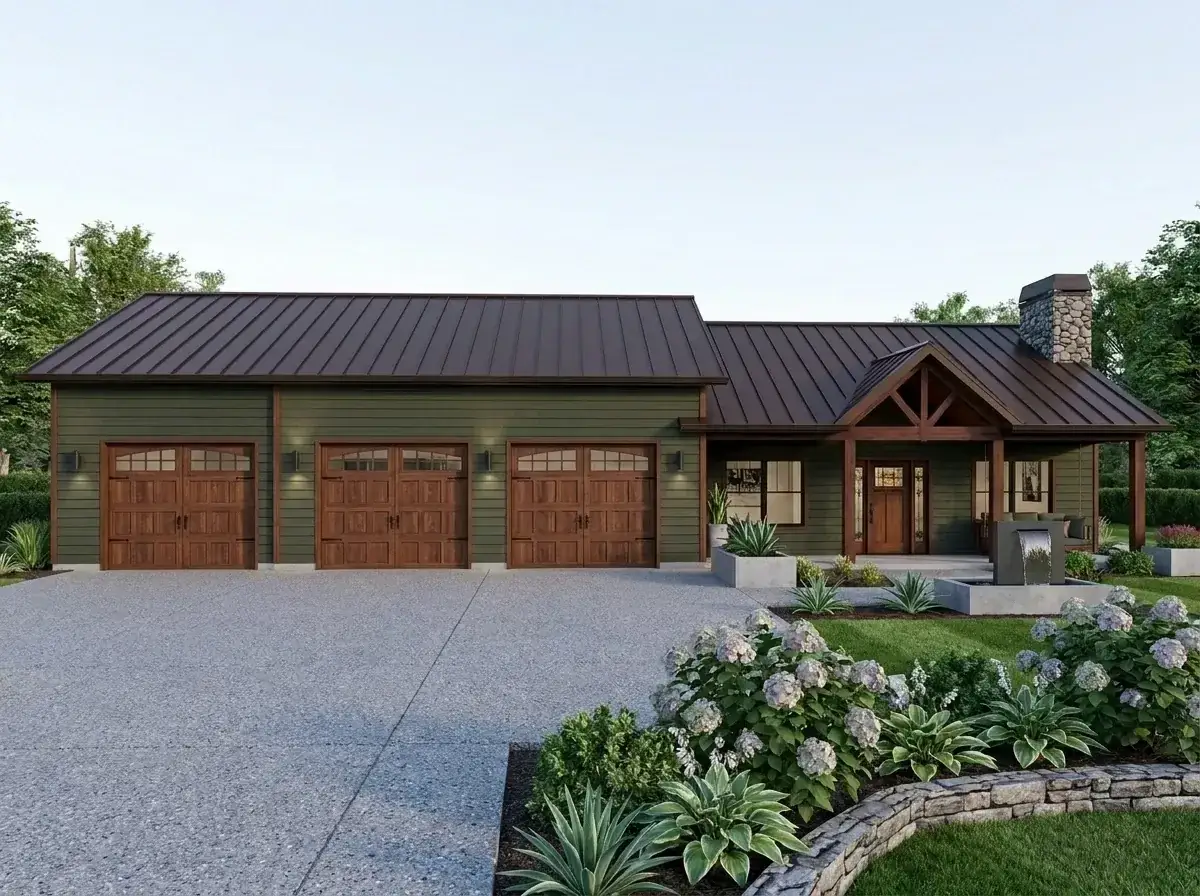 Plan 135423GRA facade variation 2 — olive green craftsman barndominium with dark wood garage doors and lush hydrangea landscape