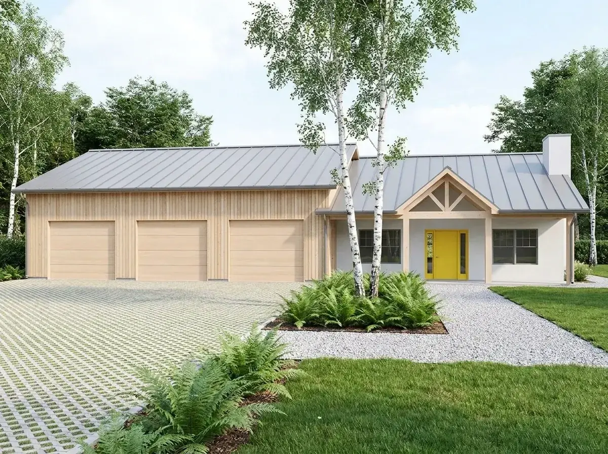 Plan 135423GRA facade variation 3 — Scandinavian minimalism with light wood garage siding, white render house section and birch landscape