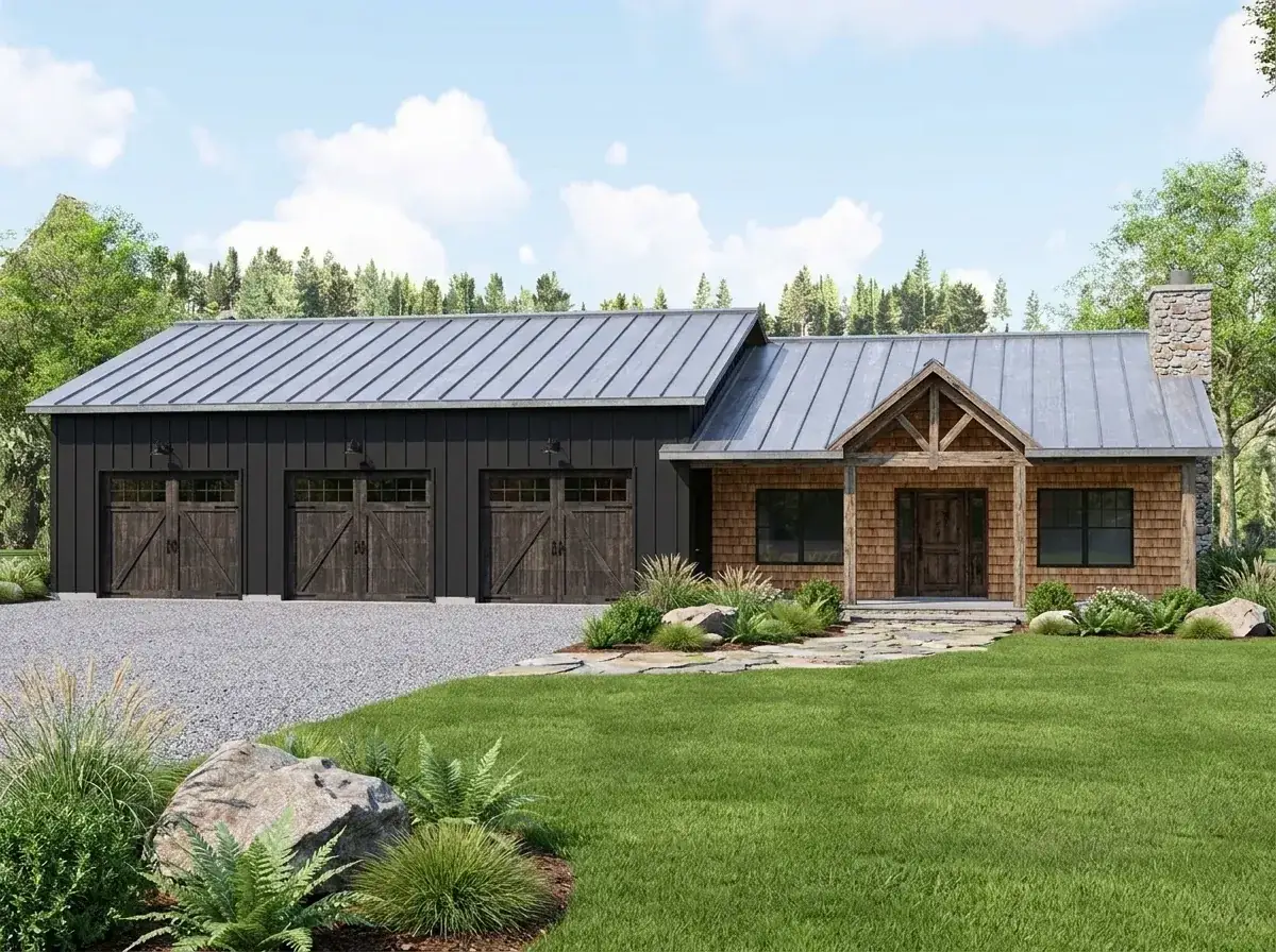 Plan 135423GRA facade variation 4 — dark and rustic cedar shake with charcoal garage and natural cedar house section