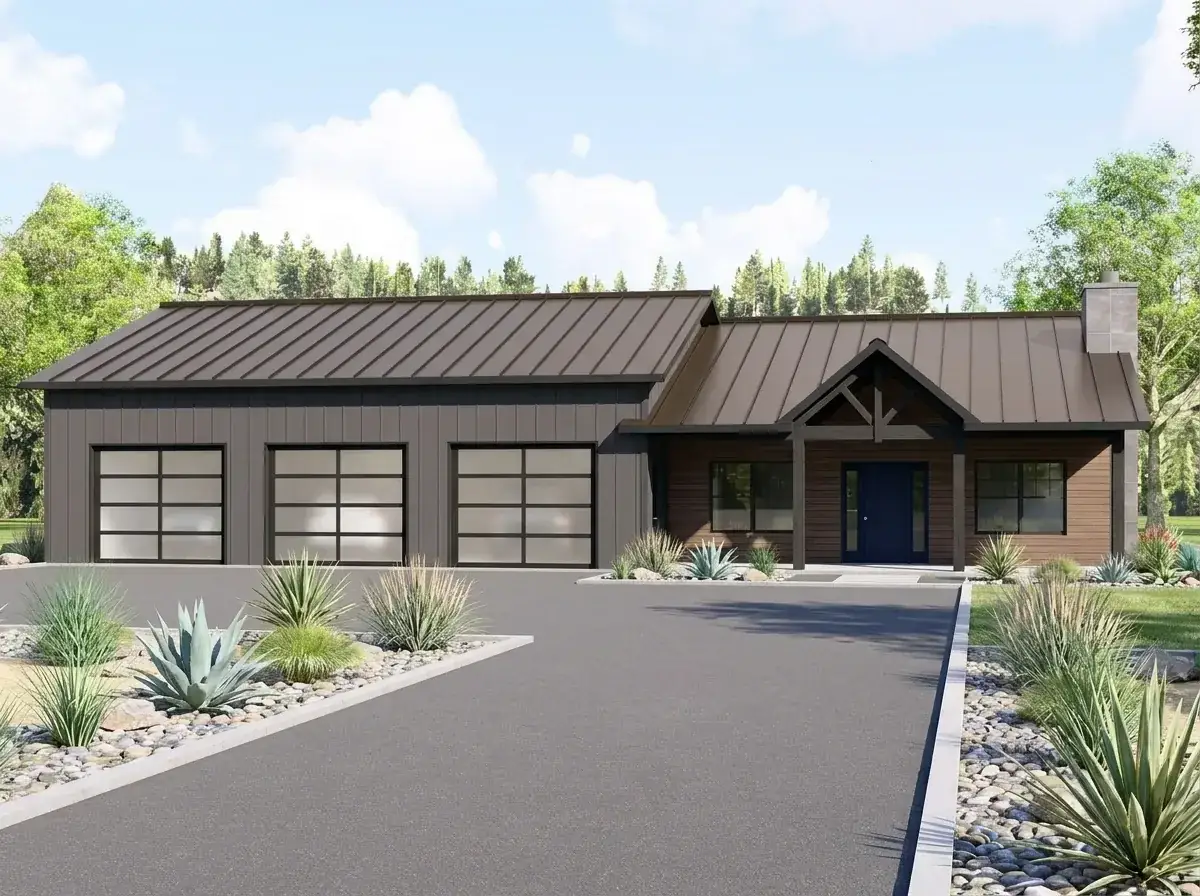 Plan 135423GRA facade variation 5 — contemporary dark monochrome with uniform dark grey siding, glass garage doors and desert landscape