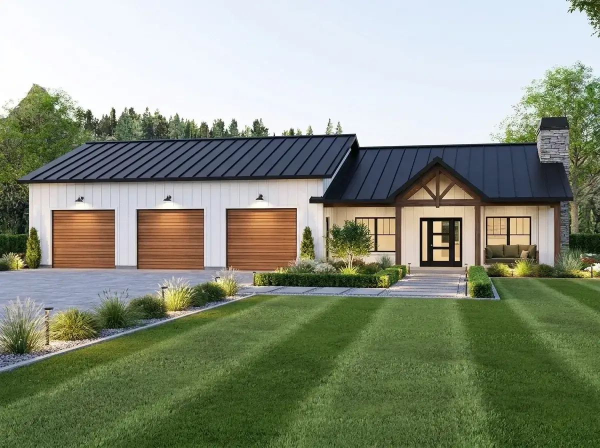 Plan 135423GRA facade variation 6 — crisp white modern farmhouse with dark metal roof, wood garage doors and manicured landscape
