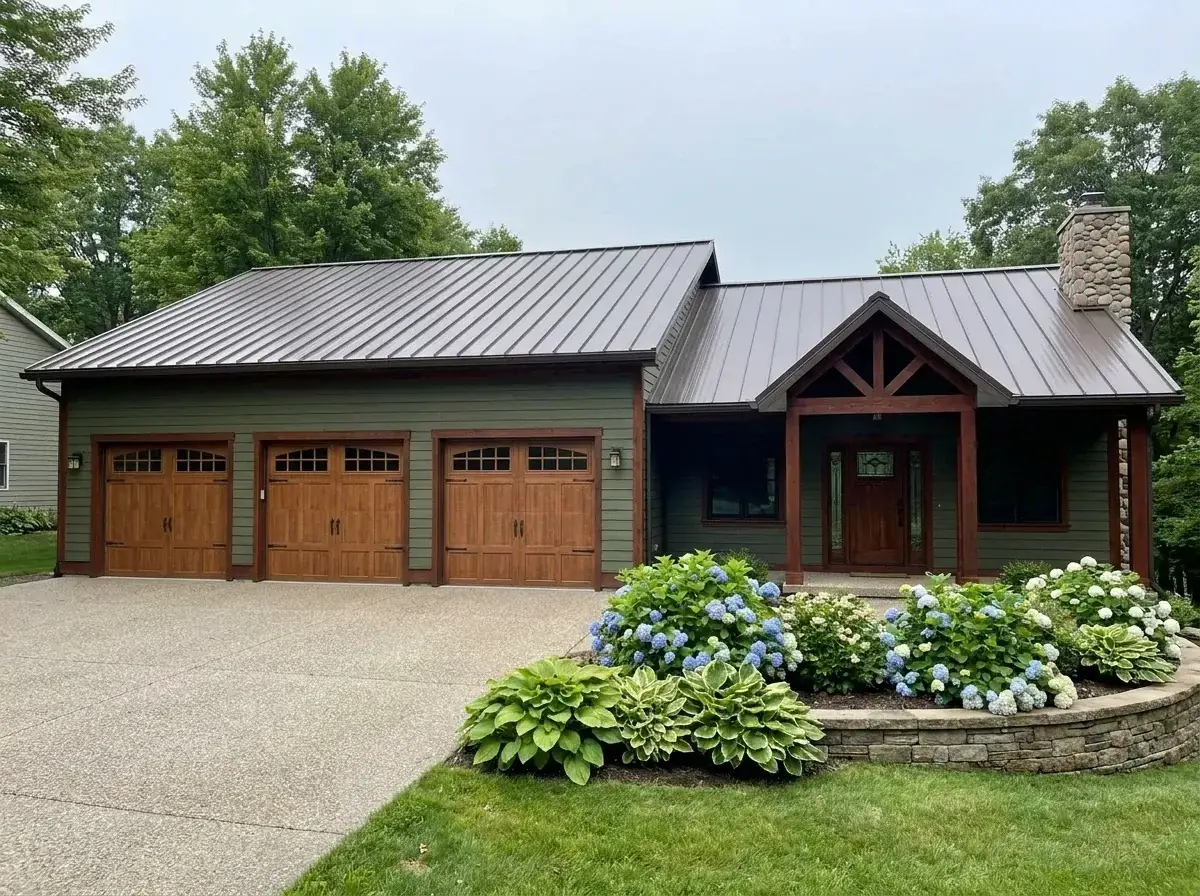 Plan 135423GRA facade variation 7 — traditional forest green craftsman with dark wood garage doors and stone chimney