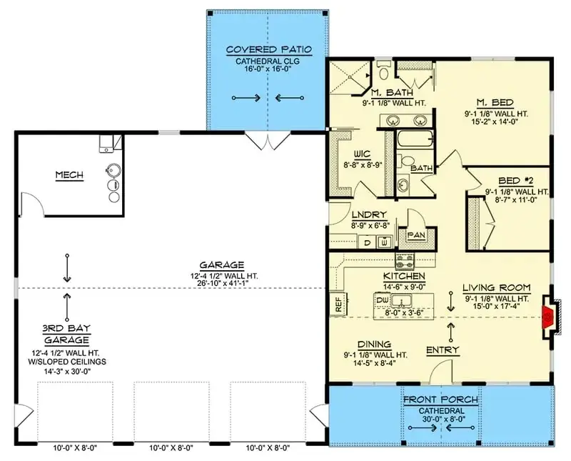 Plan 135423GRA main floor plan — 1,338 sqft craftsman barndominium with split-bedroom layout, walk-in pantry, mudroom service zone connecting the kitchen to the 1,747 sqft three-bay garage, and a rear covered patio