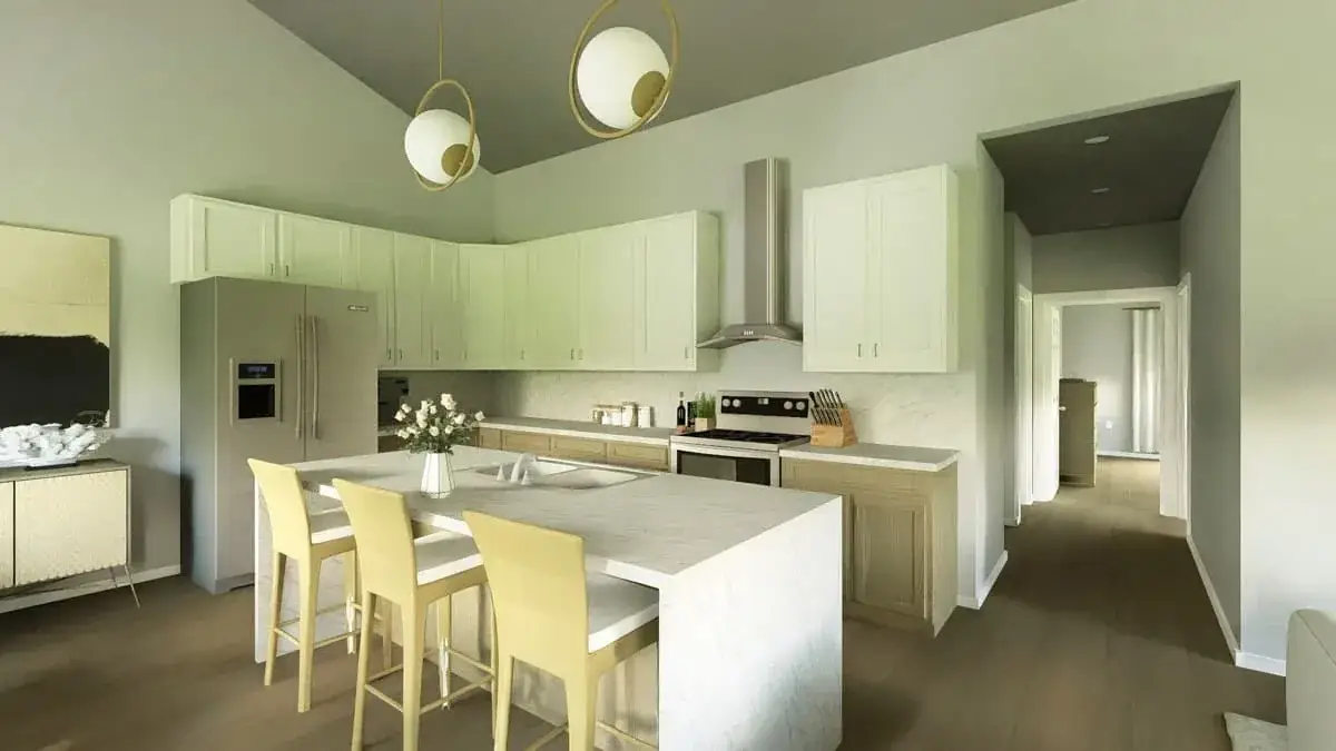 Plan 135423GRA laundry room — shaker cabinetry, patterned wallpaper, utility sink and counter folding space connecting to the service spine