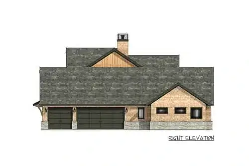 Modern farmhouse exterior with gabled rooflines, board-and-batten siding and stone veneer foundation
