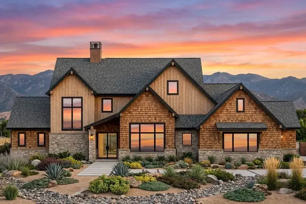 Full front facade of the modern farmhouse plan with multiple gables