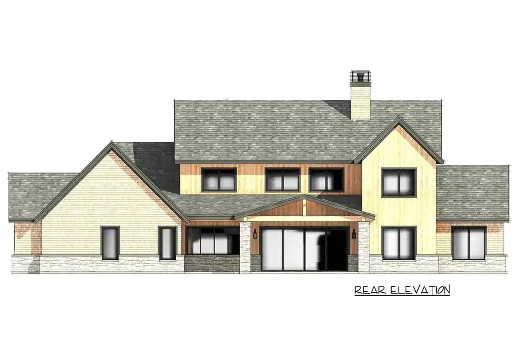 Front elevation of the 5-bedroom modern farmhouse showing covered porch and large windows
