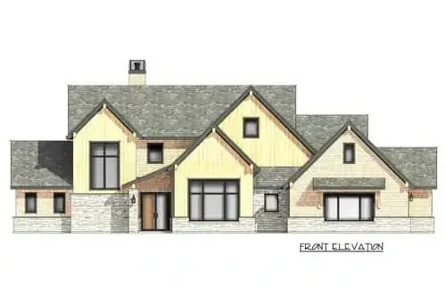 Angled view of the modern farmhouse exterior with mixed siding materials and prominent chimney