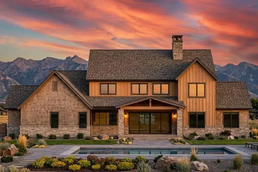 Vaulted rear porch outdoor living space on the 5-bedroom modern farmhouse