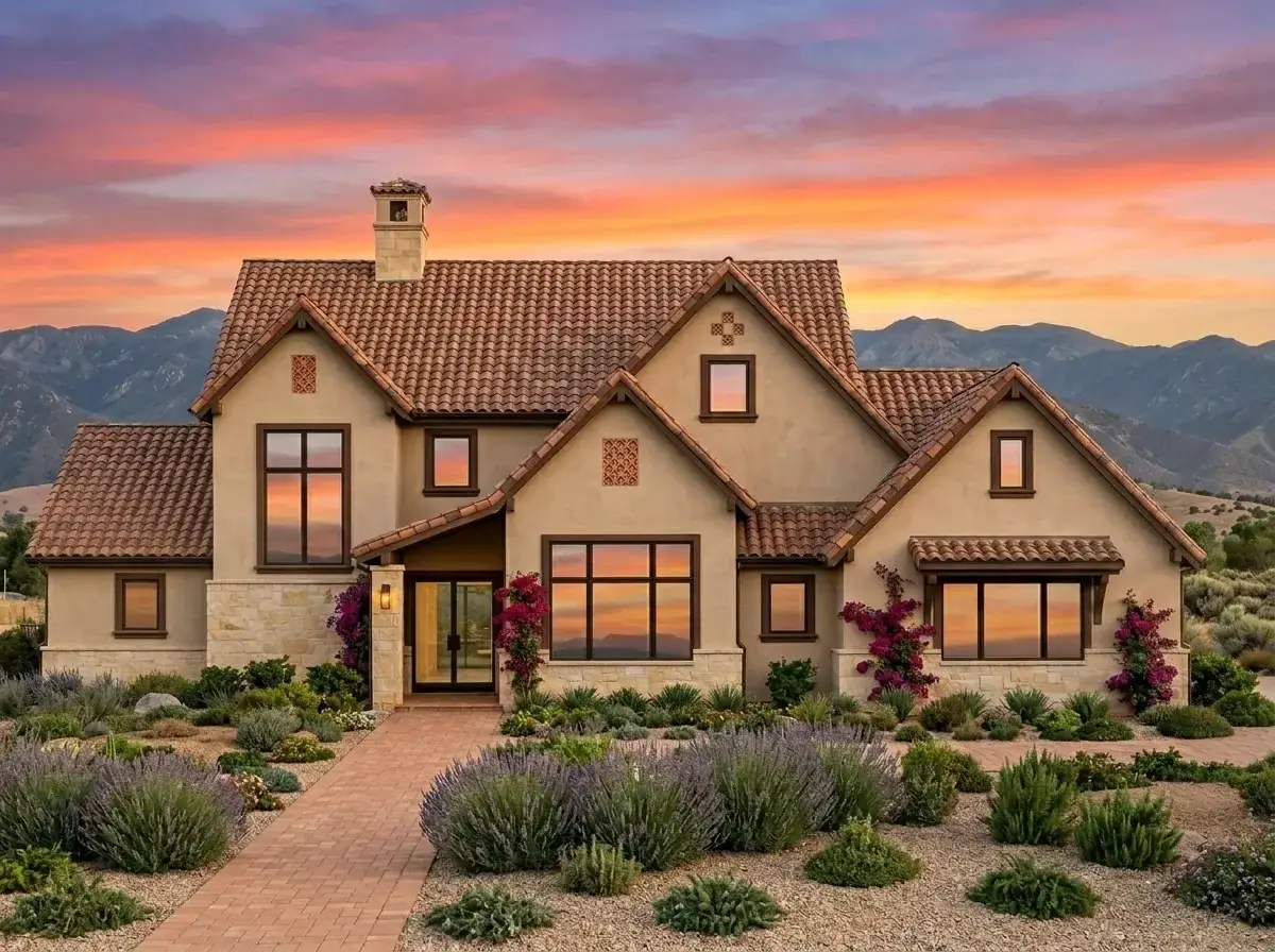 Spanish Colonial facade variation with terracotta tile roof and beige stucco
