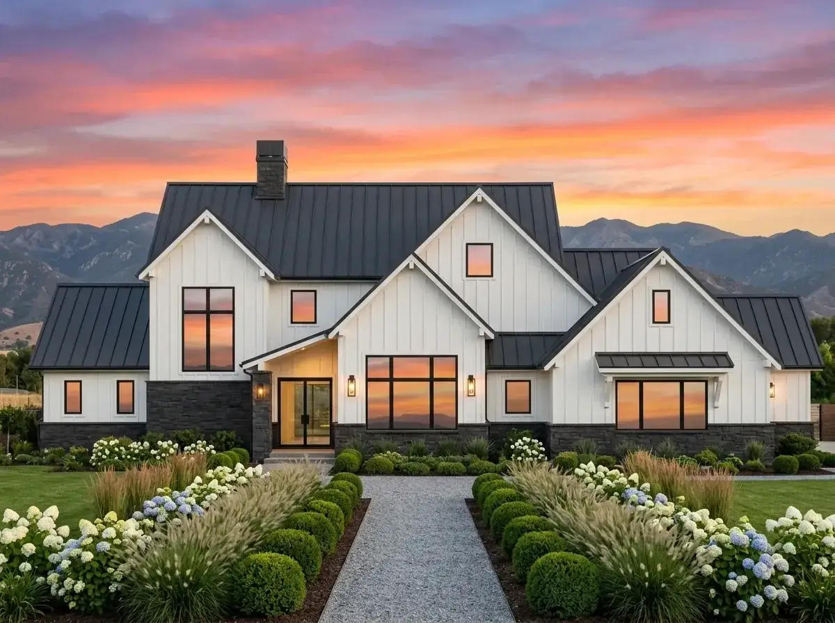 High-contrast modern farmhouse facade with white board-and-batten and black metal roof