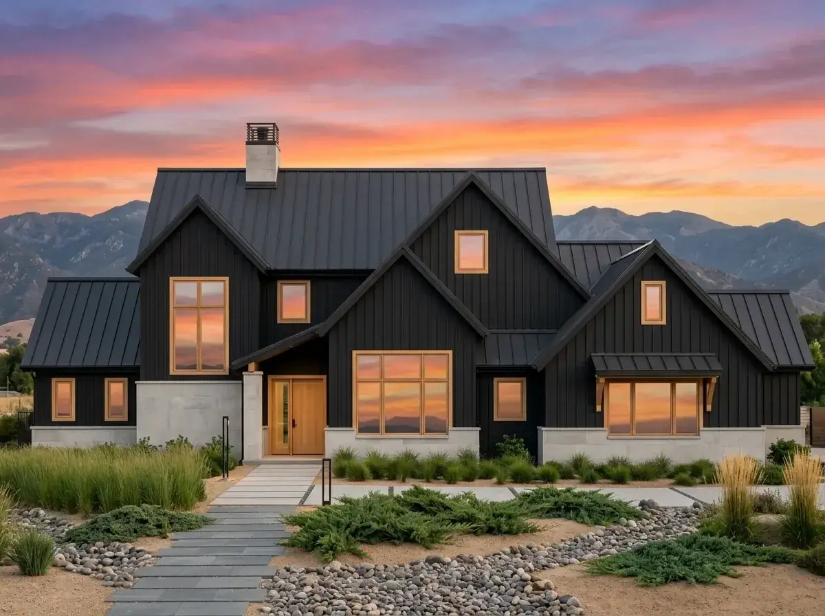 Scandinavian Modern Barn facade with black vertical siding and light concrete base