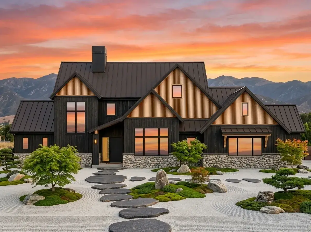 Japandi Zen facade with dark siding, light wood slat gable accents and Zen garden