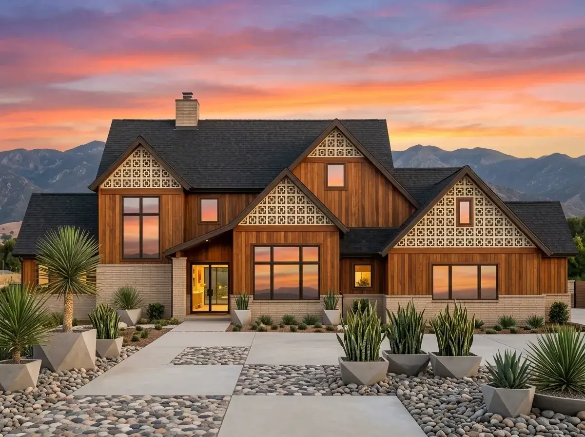 Mid-Century Modern Desert facade with vertical wood siding and breeze blocks