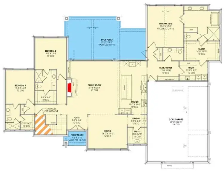 Main floor plan of a 4,690 sq ft 5-bedroom modern farmhouse with main-level primary suite and central vaulted family room
