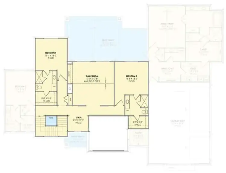 Second floor plan showing vaulted game room, study, two bedrooms and the upstairs second laundry room