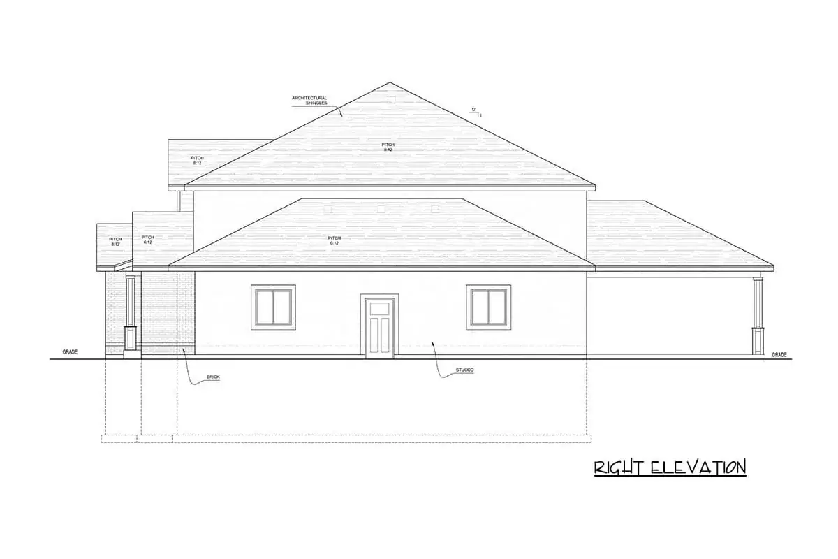 Modern farmhouse front angle showing steep 8 on 12 gables and three-car tandem garage