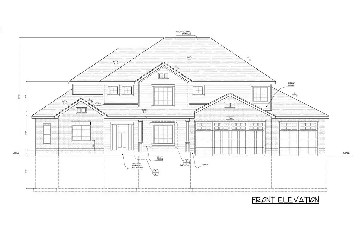 Modern farmhouse side view with secondary 6 on 12 roof pitches and frosted-glass garage doors