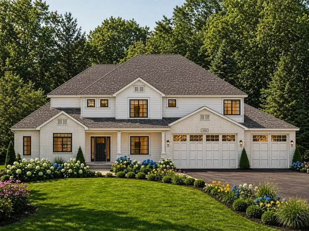 Modern farmhouse entry porch with dark windows and white brick column wraps