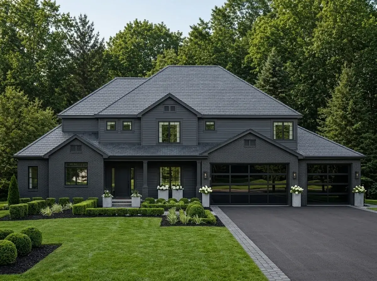 Monochromatic dark charcoal brick modern farmhouse facade